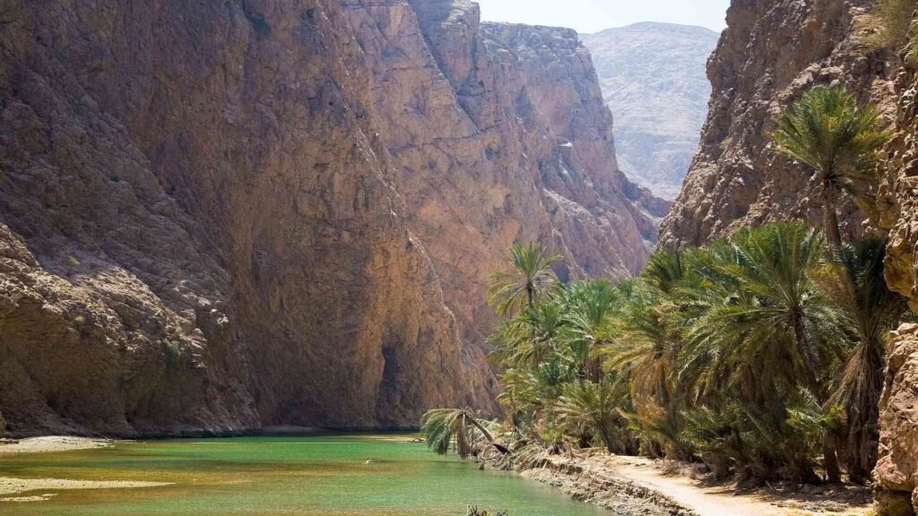 Wadi Shab in Oman with towering cliffs, palm trees, and a serene green river.