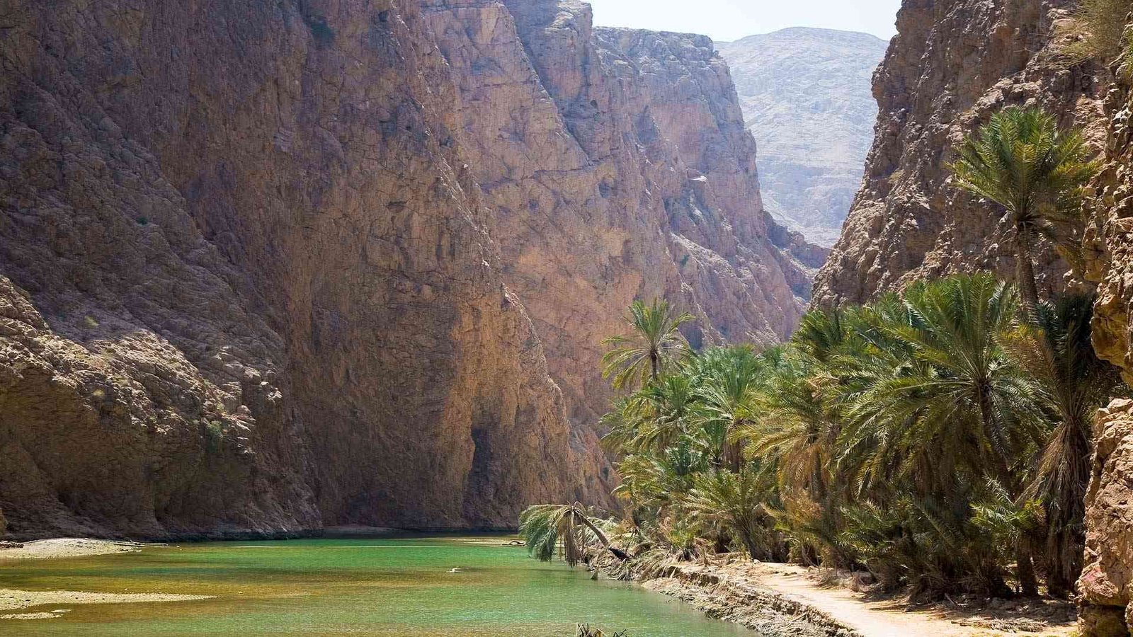 Wadi Shab in Oman with towering cliffs, palm trees, and a serene green river.