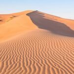 Wahiba Sands Oman: golden dunes with waves and a clear sky.